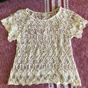 Sundance Lace Top Medium Off-White Short Sleeve Boho Cottage Romantic Sheer
